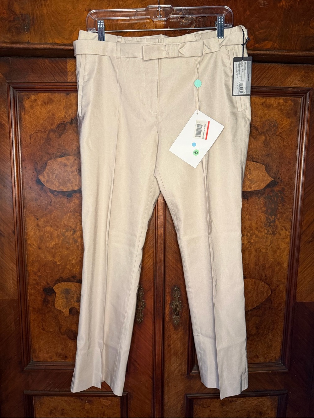 NWT Prada Wool & Silk Belted Trousers Sabbia Beige Pants Size IT 44 / US 8-10